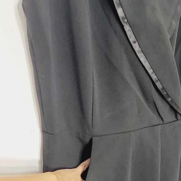 Elena Wang Classic Black Satin V-Neck Trim Pockets Sleeveless Faux Wrap Dress S - Picture 4 of 12